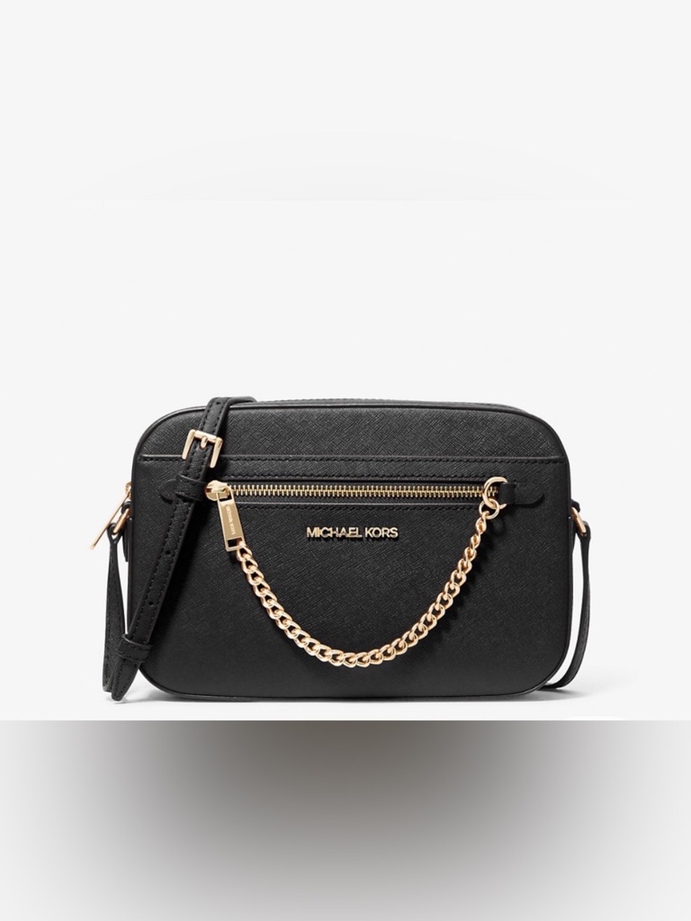 Michael Kors Black Saffiano Leather Crossbody with Gold Chain Detail NWT